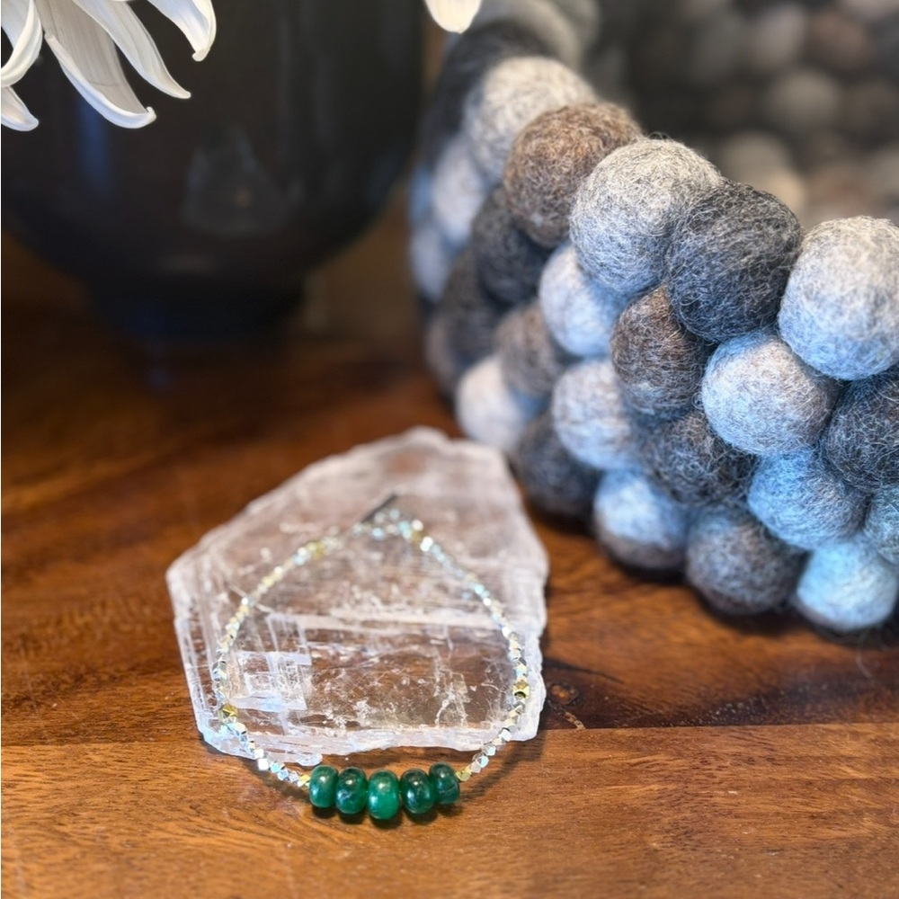 Genuine Emerald Rondelle & Silver Faceted Bead Bracelet Delicate Handmade - Picture 5 of 11
